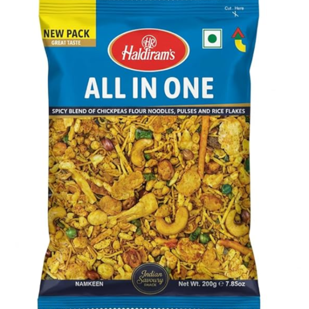 Haldiram's All in One Namkeen is a crunchy and flavourful Indian snack mixture made with a delicious combination of savoury ingredients. Perfect for tea-time, snacking, guests, parties, and everyday cravings.
