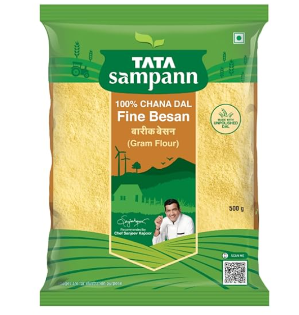 Buy Tata Sampann Chana Dal Besan online. Processed through a 5-step quality check, this protein-rich gram flour provides consistent texture and balanced taste for daily dishes.